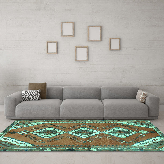 Machine Washable Persian Turquoise Traditional Area Rugs in a Living Room,, wshtr3902turq
