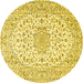 Round Machine Washable Medallion Yellow Traditional Rug, wshtr3903yw