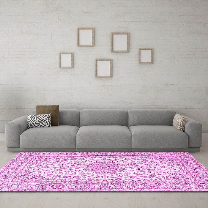 Machine Washable Medallion Pink Traditional Rug in a Living Room, wshtr3903pnk