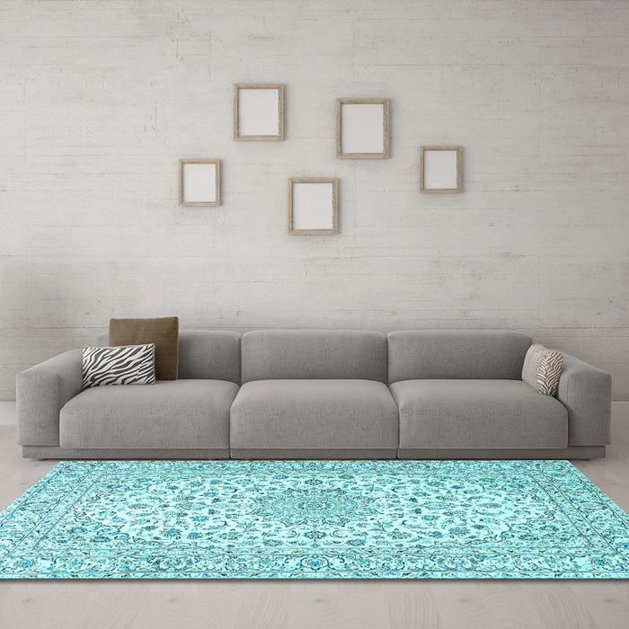 Machine Washable Medallion Light Blue Traditional Rug in a Living Room, wshtr3903lblu