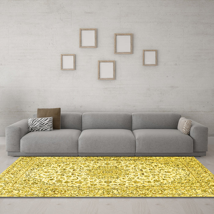 Machine Washable Medallion Yellow Traditional Rug in a Living Room, wshtr3903yw