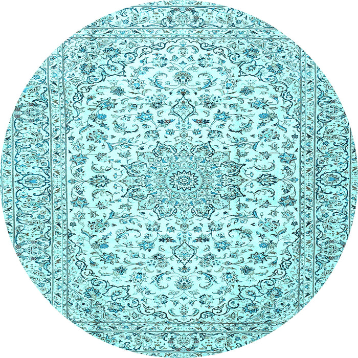 Round Machine Washable Medallion Light Blue Traditional Rug, wshtr3903lblu