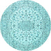 Round Machine Washable Medallion Light Blue Traditional Rug, wshtr3903lblu