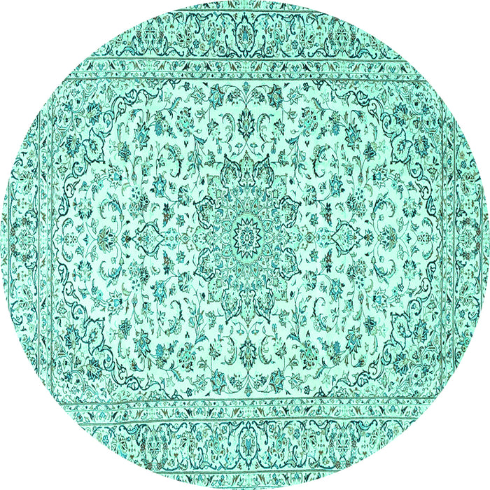 Round Machine Washable Medallion Turquoise Traditional Area Rugs, wshtr3903turq