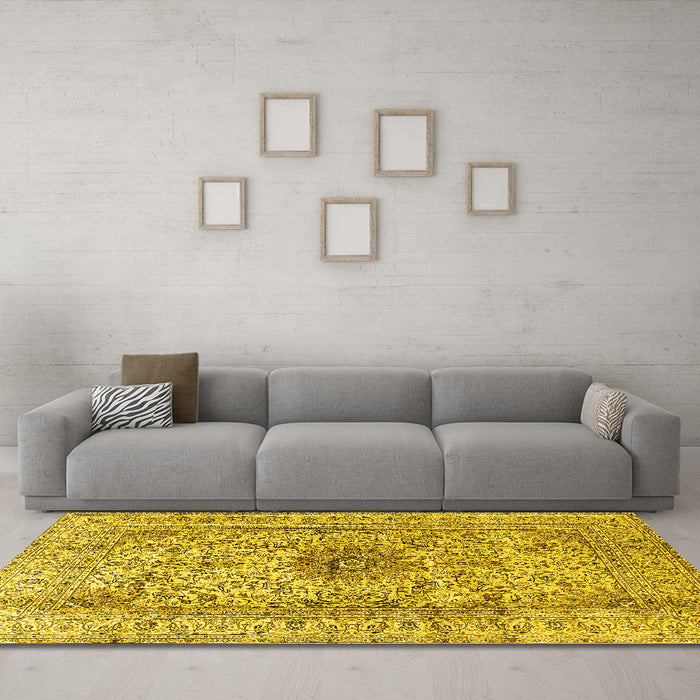 Machine Washable Medallion Yellow Traditional Rug in a Living Room, wshtr3904yw