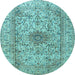 Round Machine Washable Medallion Light Blue Traditional Rug, wshtr3904lblu