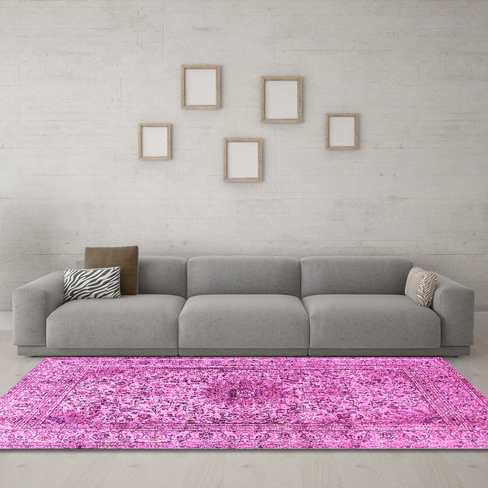 Machine Washable Medallion Pink Traditional Rug in a Living Room, wshtr3904pnk