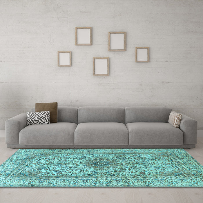 Machine Washable Medallion Light Blue Traditional Rug in a Living Room, wshtr3904lblu