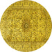 Round Machine Washable Medallion Yellow Traditional Rug, wshtr3904yw