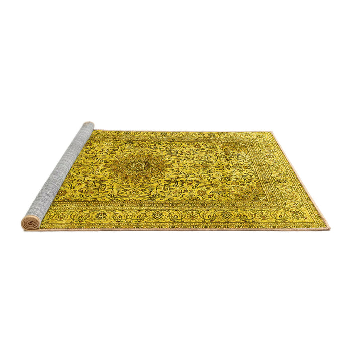Sideview of Machine Washable Medallion Yellow Traditional Rug, wshtr3904yw