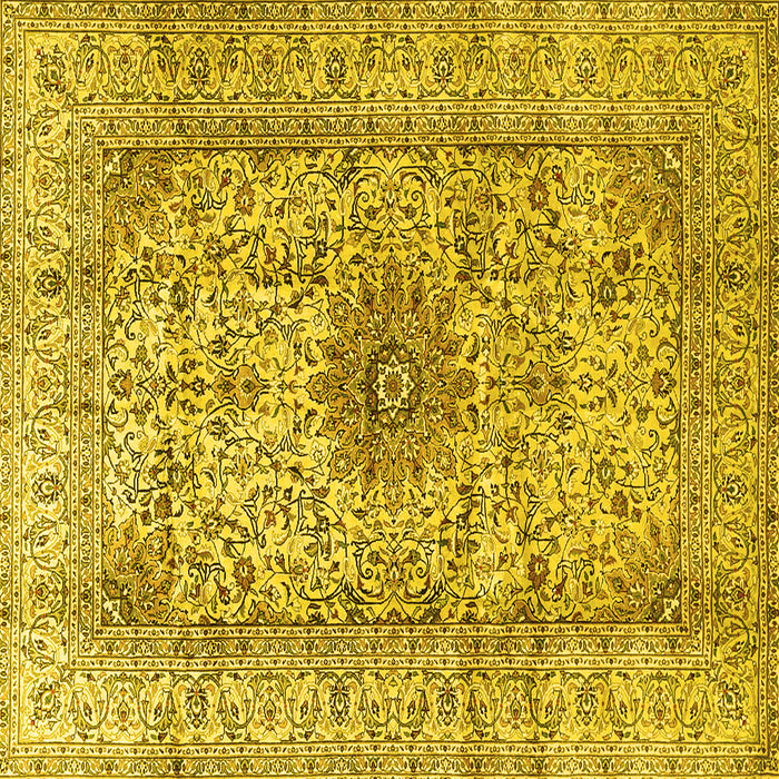 Square Machine Washable Medallion Yellow Traditional Rug, wshtr3904yw