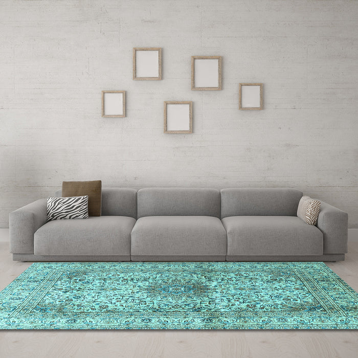 Machine Washable Medallion Light Blue Traditional Rug in a Living Room, wshtr3905lblu