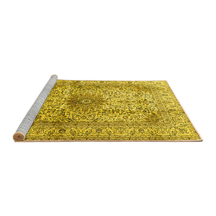 Sideview of Machine Washable Medallion Yellow Traditional Rug, wshtr3905yw