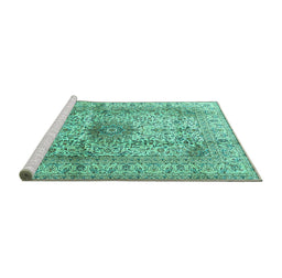 Sideview of Machine Washable Medallion Turquoise Traditional Area Rugs, wshtr3905turq