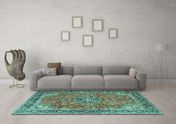 Machine Washable Medallion Turquoise Traditional Area Rugs in a Living Room,, wshtr3906turq