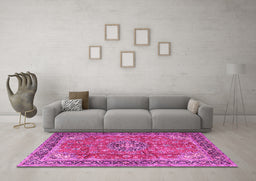 Machine Washable Medallion Pink Traditional Rug in a Living Room, wshtr3906pnk
