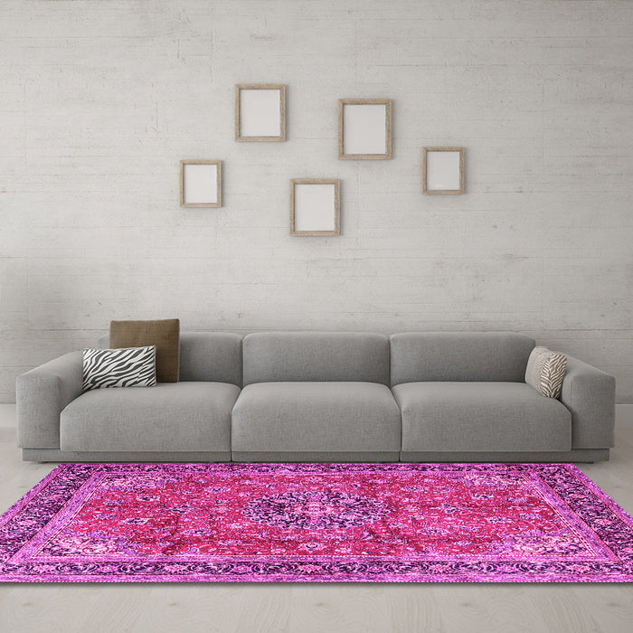 Machine Washable Medallion Pink Traditional Rug in a Living Room, wshtr3906pnk