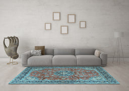 Machine Washable Medallion Light Blue Traditional Rug in a Living Room, wshtr3906lblu