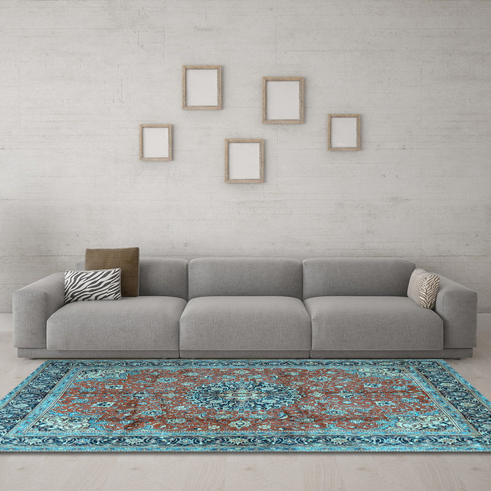 Machine Washable Medallion Light Blue Traditional Rug in a Living Room, wshtr3906lblu