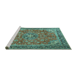 Sideview of Machine Washable Medallion Turquoise Traditional Area Rugs, wshtr3906turq
