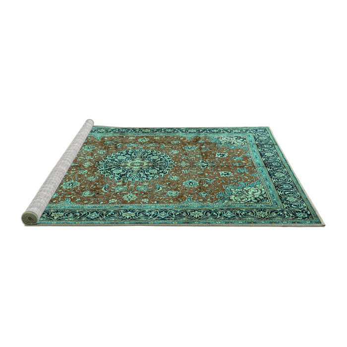 Sideview of Machine Washable Medallion Turquoise Traditional Area Rugs, wshtr3906turq