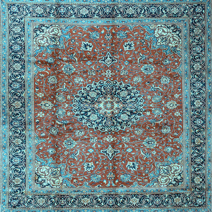 Square Machine Washable Medallion Light Blue Traditional Rug, wshtr3906lblu