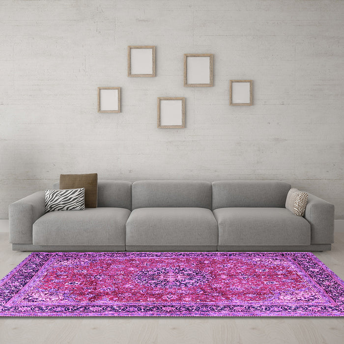 Machine Washable Medallion Purple Traditional Area Rugs in a Living Room, wshtr3906pur