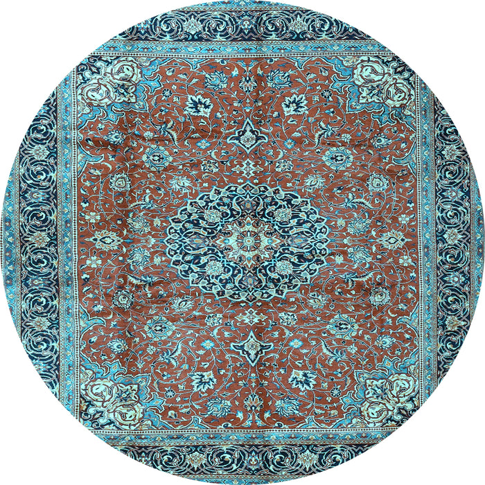 Round Machine Washable Medallion Light Blue Traditional Rug, wshtr3906lblu