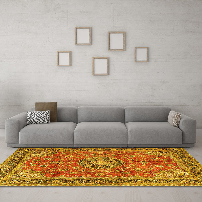 Machine Washable Medallion Yellow Traditional Rug in a Living Room, wshtr3906yw