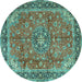 Round Machine Washable Medallion Turquoise Traditional Area Rugs, wshtr3906turq