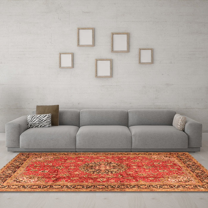 Machine Washable Medallion Orange Traditional Area Rugs in a Living Room, wshtr3906org