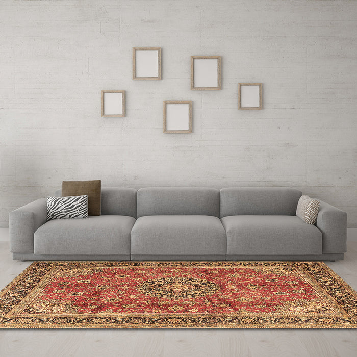 Machine Washable Medallion Brown Traditional Rug in a Living Room,, wshtr3906brn