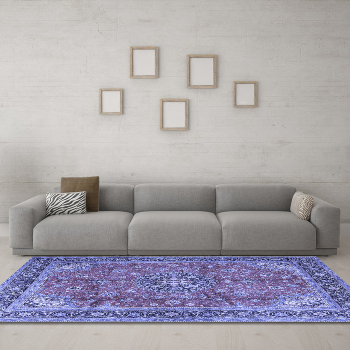 Machine Washable Medallion Blue Traditional Rug in a Living Room, wshtr3906blu