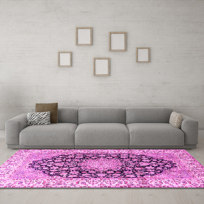 Machine Washable Persian Pink Traditional Rug in a Living Room, wshtr3907pnk