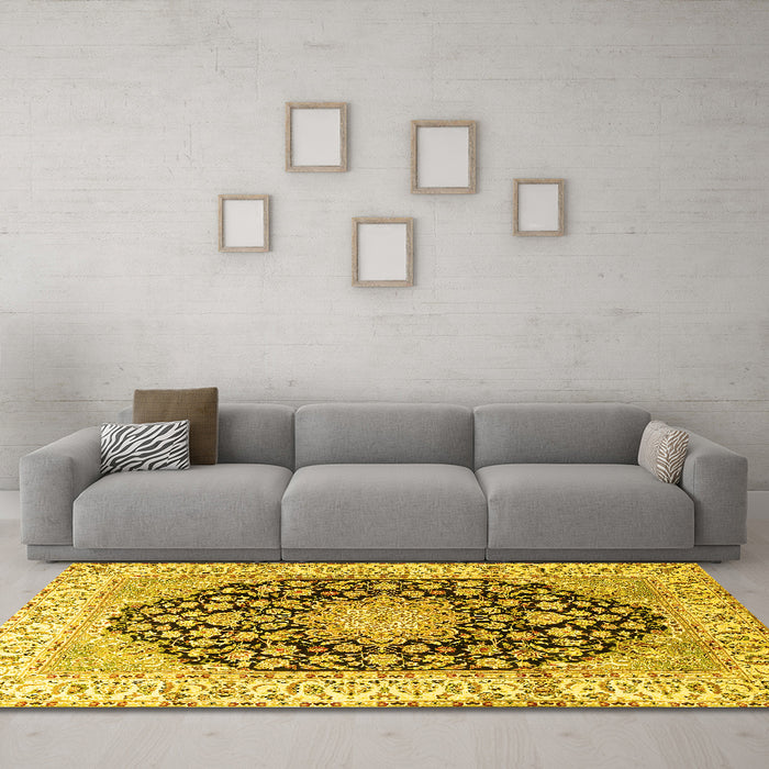 Machine Washable Persian Yellow Traditional Rug in a Living Room, wshtr3907yw