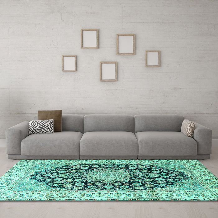 Machine Washable Persian Turquoise Traditional Area Rugs in a Living Room,, wshtr3907turq