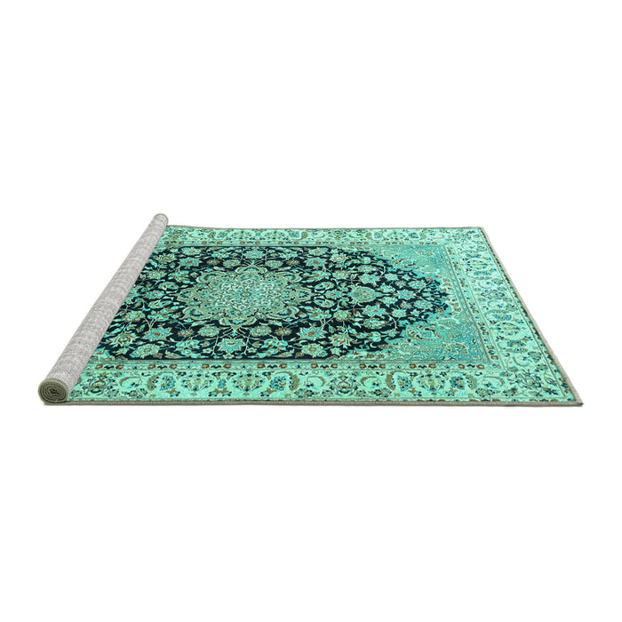 Sideview of Machine Washable Persian Turquoise Traditional Area Rugs, wshtr3907turq