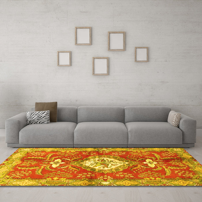 Machine Washable Persian Yellow Traditional Rug in a Living Room, wshtr3908yw