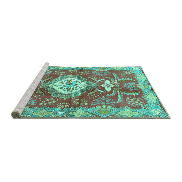Sideview of Machine Washable Persian Turquoise Traditional Area Rugs, wshtr3908turq