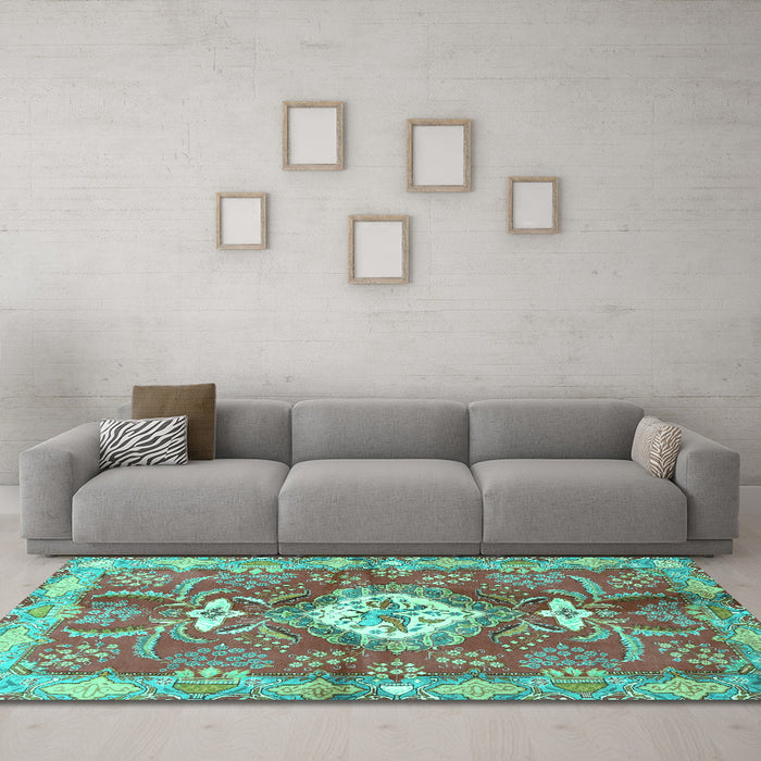 Machine Washable Persian Turquoise Traditional Area Rugs in a Living Room,, wshtr3908turq