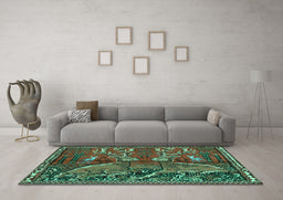 Machine Washable Animal Turquoise Traditional Area Rugs in a Living Room,, wshtr390turq