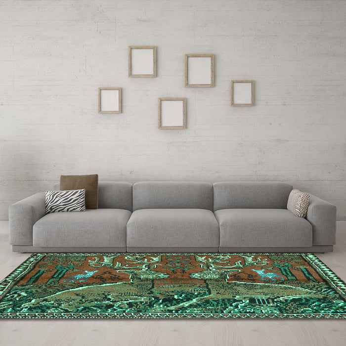 Machine Washable Animal Turquoise Traditional Area Rugs in a Living Room,, wshtr390turq