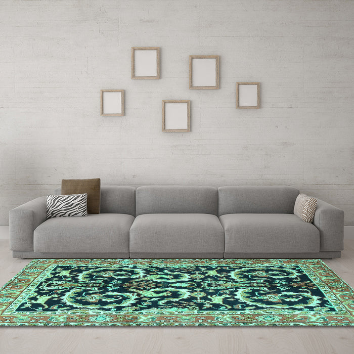 Machine Washable Animal Turquoise Traditional Area Rugs in a Living Room,, wshtr3910turq