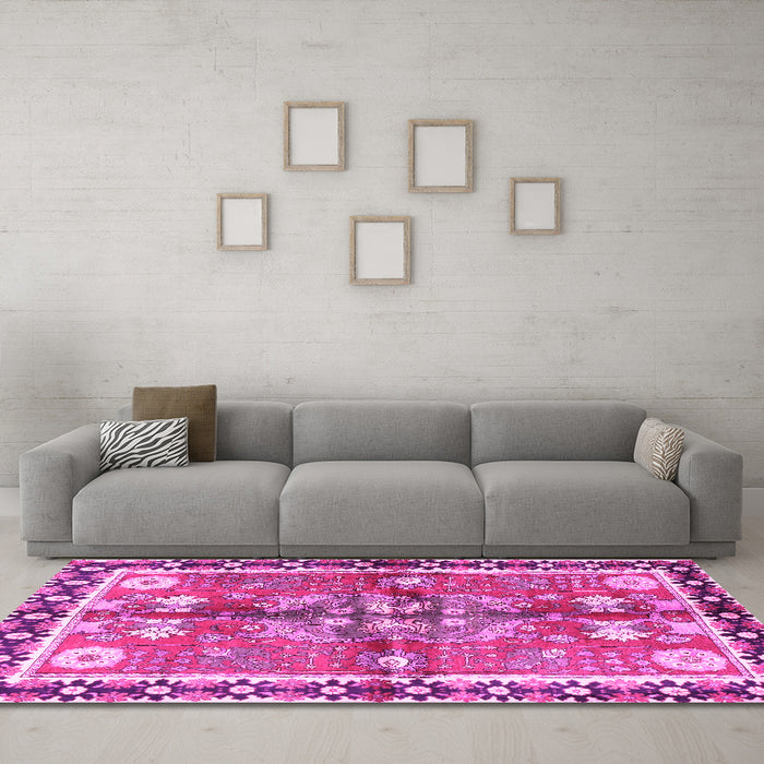 Machine Washable Persian Pink Traditional Rug in a Living Room, wshtr3911pnk