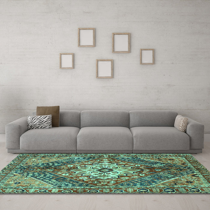 Machine Washable Persian Turquoise Traditional Area Rugs in a Living Room,, wshtr3912turq