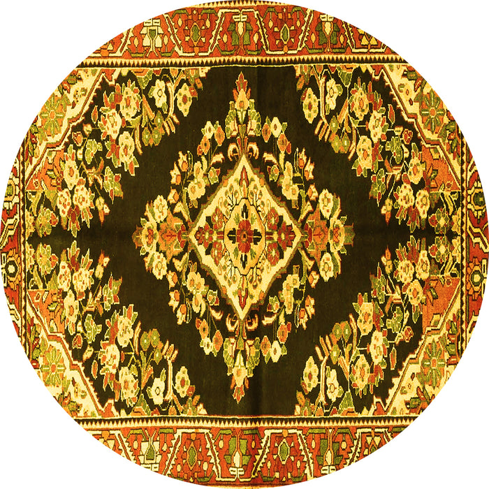 Round Machine Washable Medallion Yellow Traditional Rug, wshtr3913yw