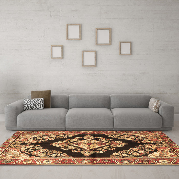 Machine Washable Medallion Brown Traditional Rug in a Living Room,, wshtr3913brn