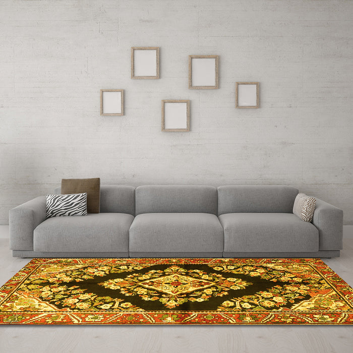 Machine Washable Medallion Yellow Traditional Rug in a Living Room, wshtr3913yw