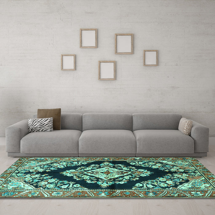 Machine Washable Medallion Turquoise Traditional Area Rugs in a Living Room,, wshtr3913turq