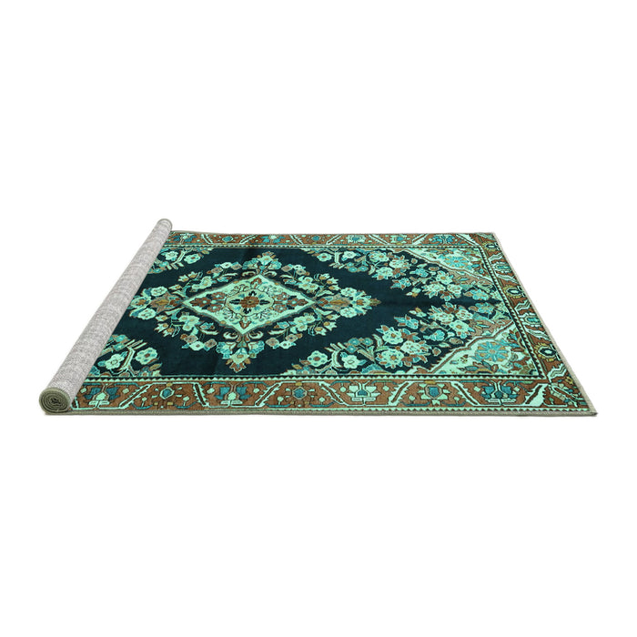 Sideview of Machine Washable Medallion Turquoise Traditional Area Rugs, wshtr3913turq